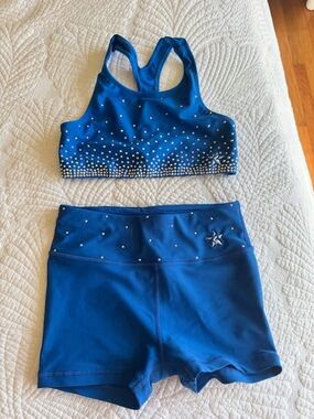 Girls' Royal Blue Athletic Matching Set with Rhinestones - Sports Bra & Shorts